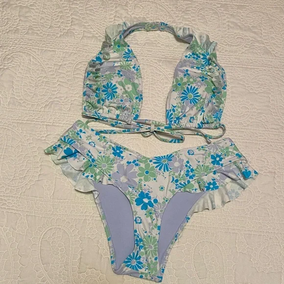 aerie women medium Floral Ruffle Bikini Set - Blue & Green purple multi - Picture 2 of 5